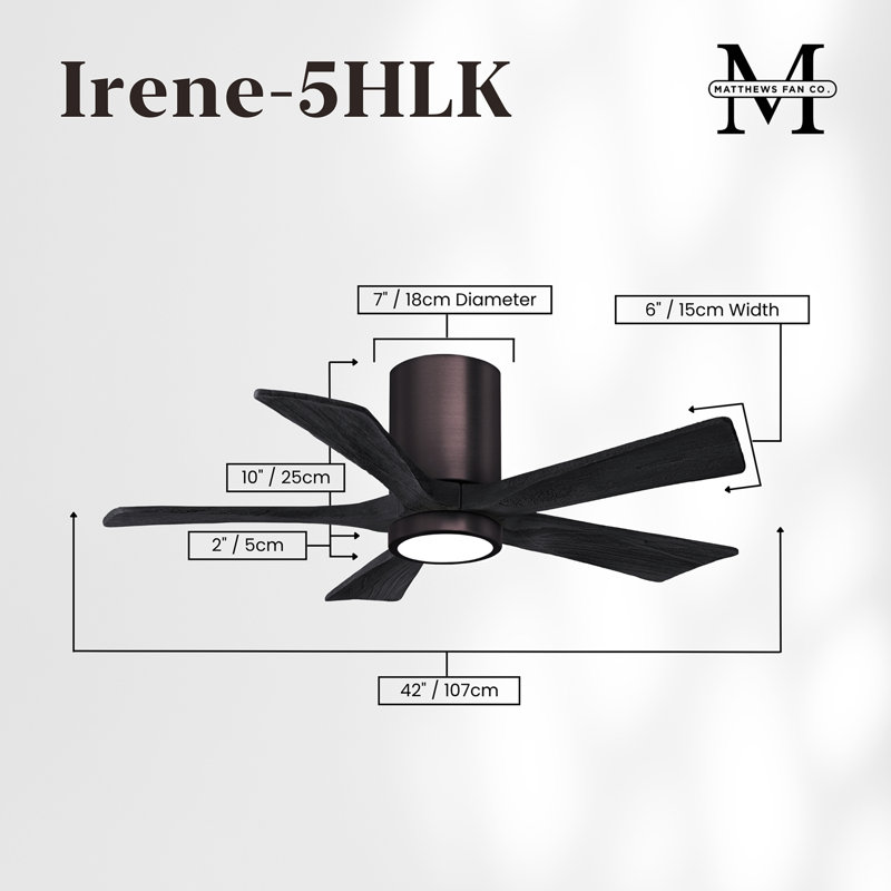 Irene Flushmount Light Kit 5 Blade LED Ceiling Fan, Brushed Bronze, Matte Black, 42"