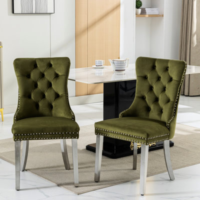 Chaise haute de salle à manger, revêtement en velours olive, pieds en acier inoxydable chromé, structure en bois massif, coussin en mousse avec rebond élevé, garniture cloutée, 2 chaises rembourrées, olive, structure, coussin de rebond,