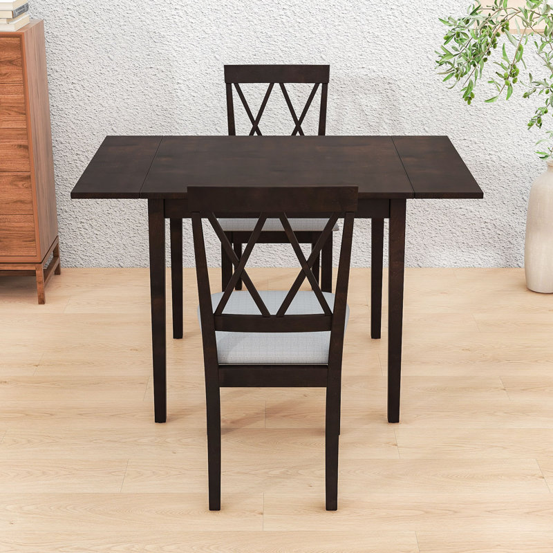 Ensemble de table de salle à manger 3 pièces peu encombrant avec abattants et chaises rembourrées pour petite place, Espresso