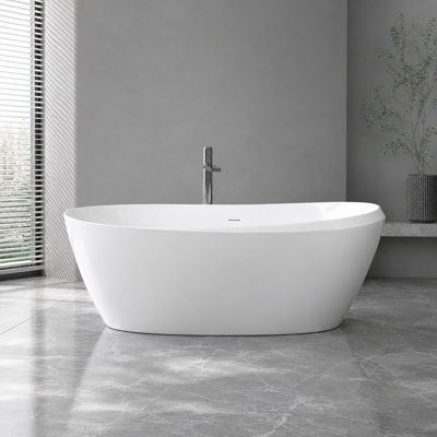 59" Slipper Freestanding Bathtub, Glossy White Acrylic Deep Soaking Tub with High-Back Design, Modern Slotted Overflow and Center Drain for Master Suite