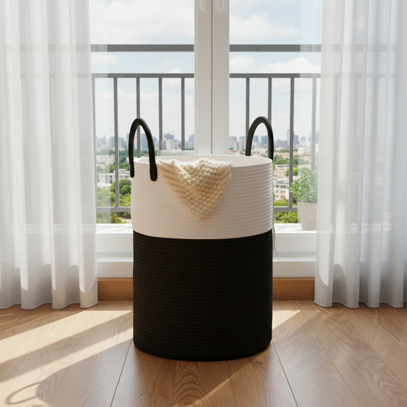 60L Cotton Rope Woven Laundry Basket, Household Storage Basket For Dirty Clothes, Toys, And Blankets, Bathroom, Living Room, And Bedroom Decorative Storage Tool