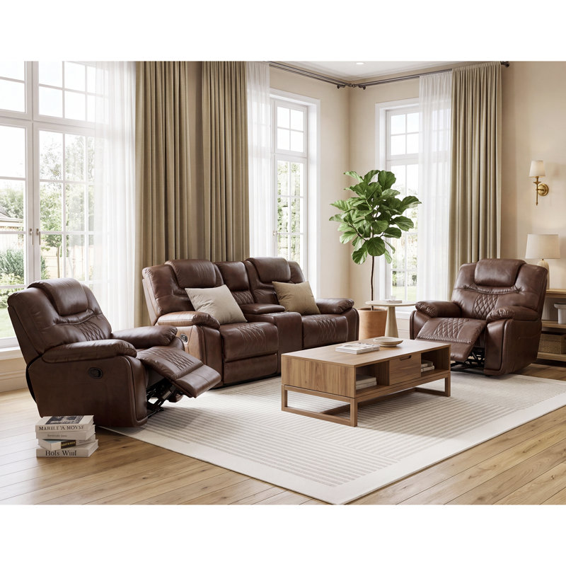 Jepum - Ensemble de salon classique en cuir 3 pièces avec fauteuil inclinable, porte-gobelet et rangement, Espresso
