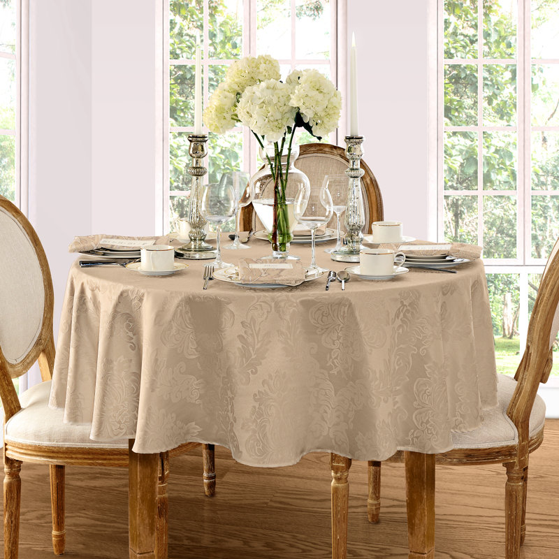 Barcelona Beige Jacquard Damask Stain Resistant Rectangular Tablecloth