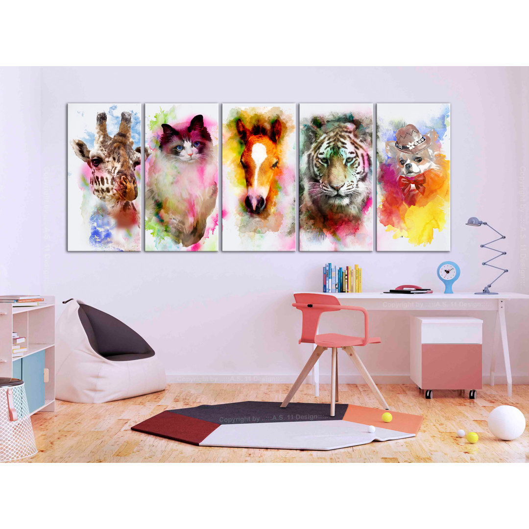 Leinwandbild - Watercolour Animals (5 Parts) Narrow