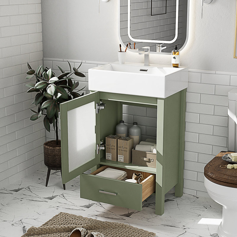 Meuble-lavabo de salle de bain avec lavabo en céramique et grand espace de rangement, Vert