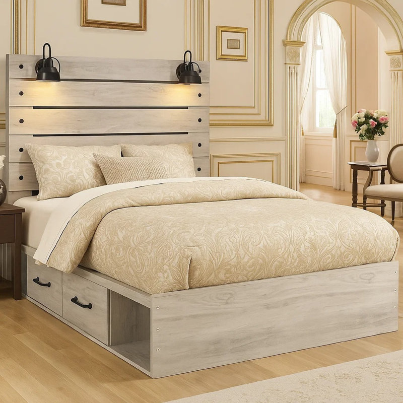 Grand lit à panneau rustique Cemy, 2 appliques et tiroirs, blanc délavé, Grand