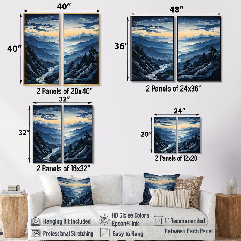 Bleu et blanc montagne majestueux Panorama II - grandes montagnes, art mural, Impression encadrée flottante, Argent argent