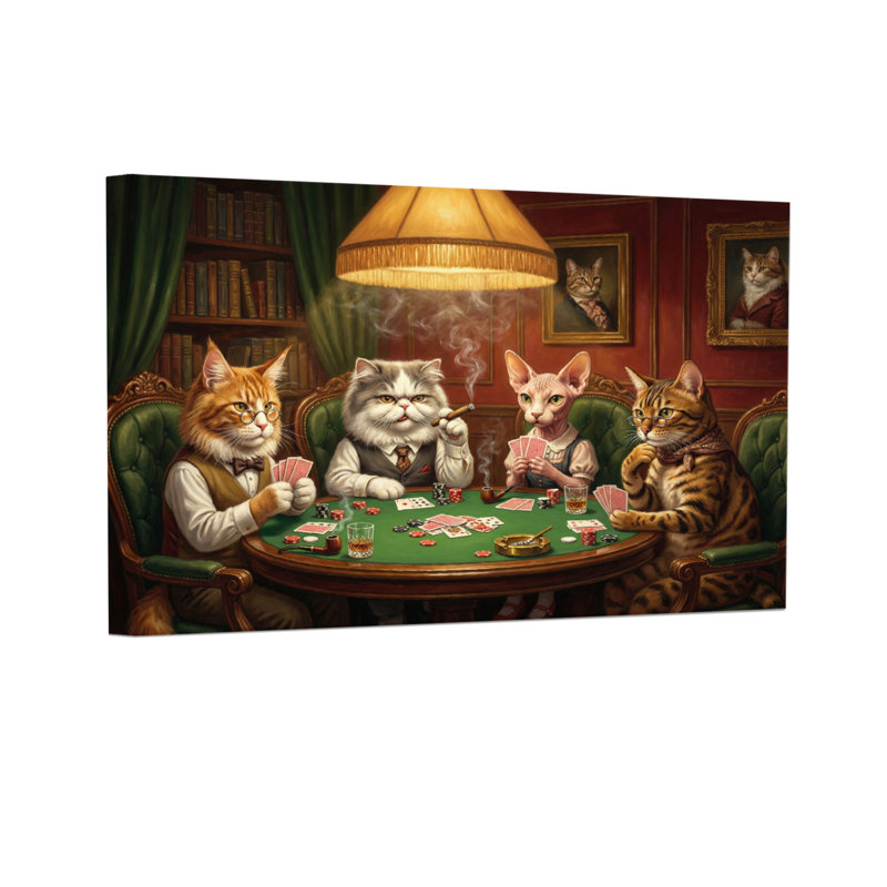 Animals Cats Playing Poker In Library Scene, 16" H x 24" W