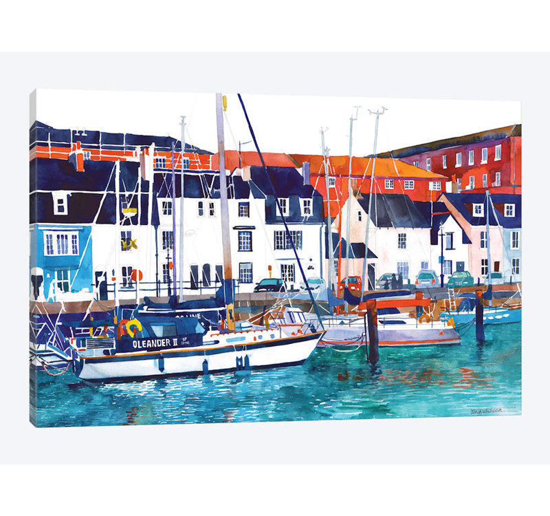 «Port In Weymouth» par Maja Wronska, impression sur toile, H 24 po x l 32 po x P 1 po, Papier avec cadre noir, Blanc