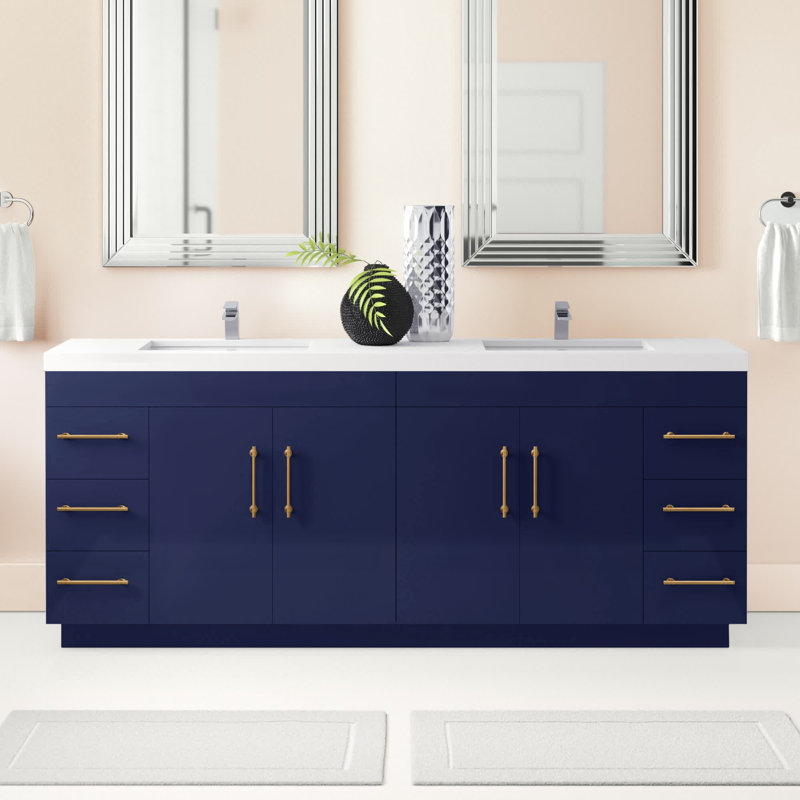 Irline 83.46'' Double Bathroom Vanity with Acrylic Top, Navy Blue