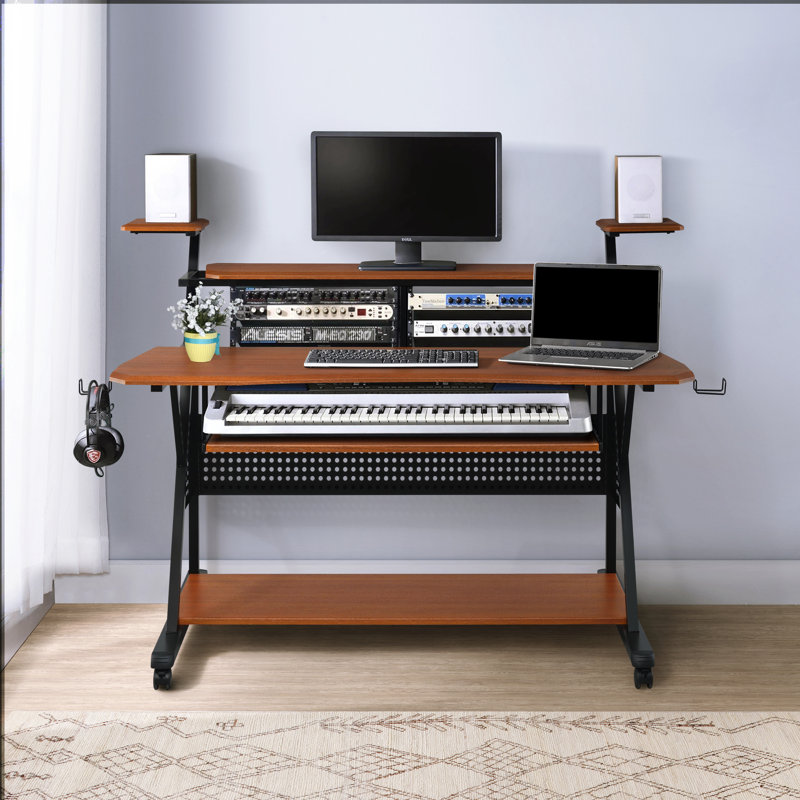 Willow Music Desk with Keyboard Tray and Earphone Rack, Brown/Black