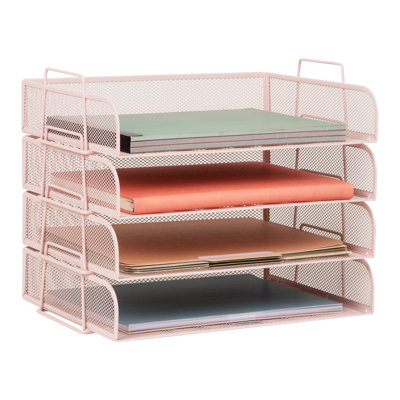 Plateau de papier empilable, organisateur de bureau, rangement pour dossiers, bureau, filet métallique, 4 pièces, rose