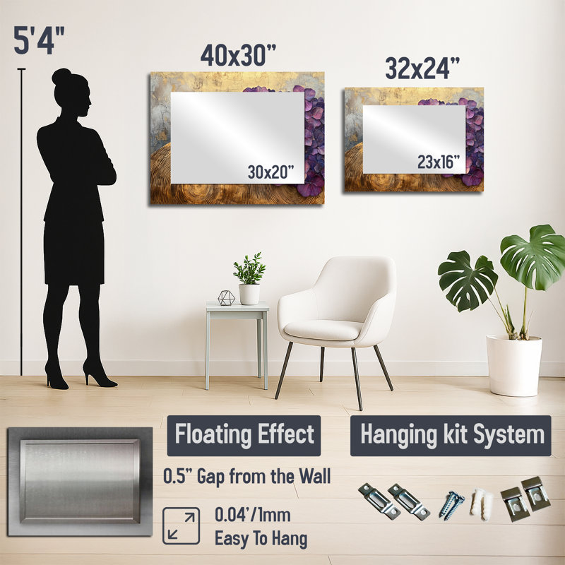 Fleurs d'hortensia lavande sur glissade en bois - Art mural miroir floral - imprimé sur métal, 24 po x 32 po