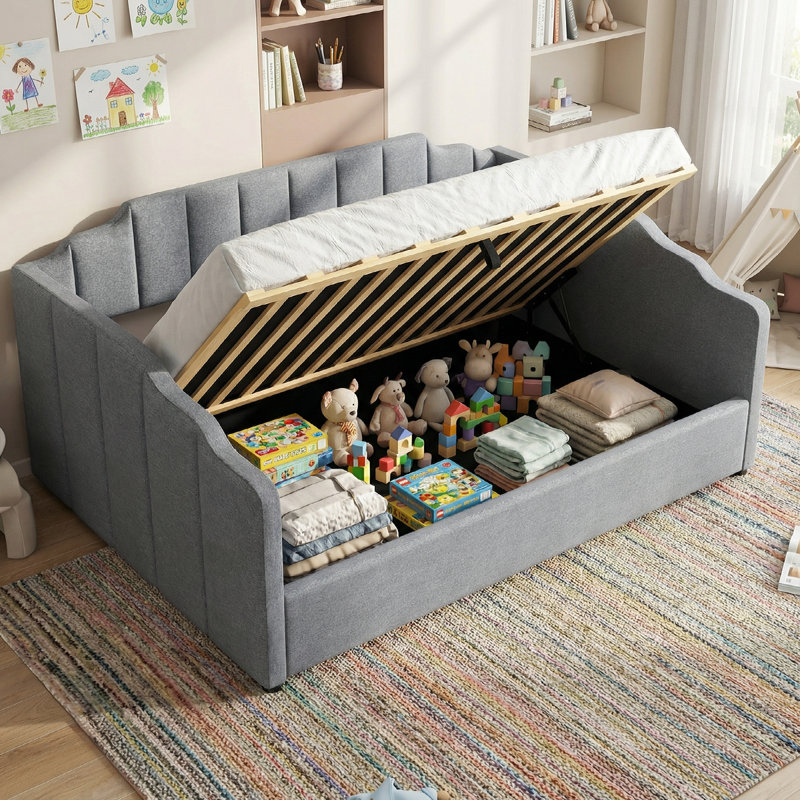 Linen Upholstered Daybed With Spacious Underbed Storage, Full Size - Durable Solid Wood Frame, Gray