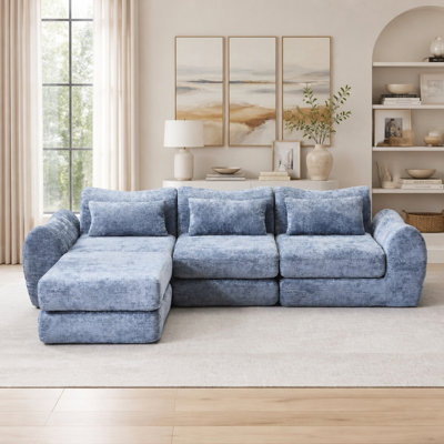 Canapé modulaire pliable Wave Star, tissu chenille pour le salon et la chambre à coucher, mobilier créatif confortable à extension instantanée avec 1 siège central, 1 repose-pieds et 1 chaise longue, bleu.