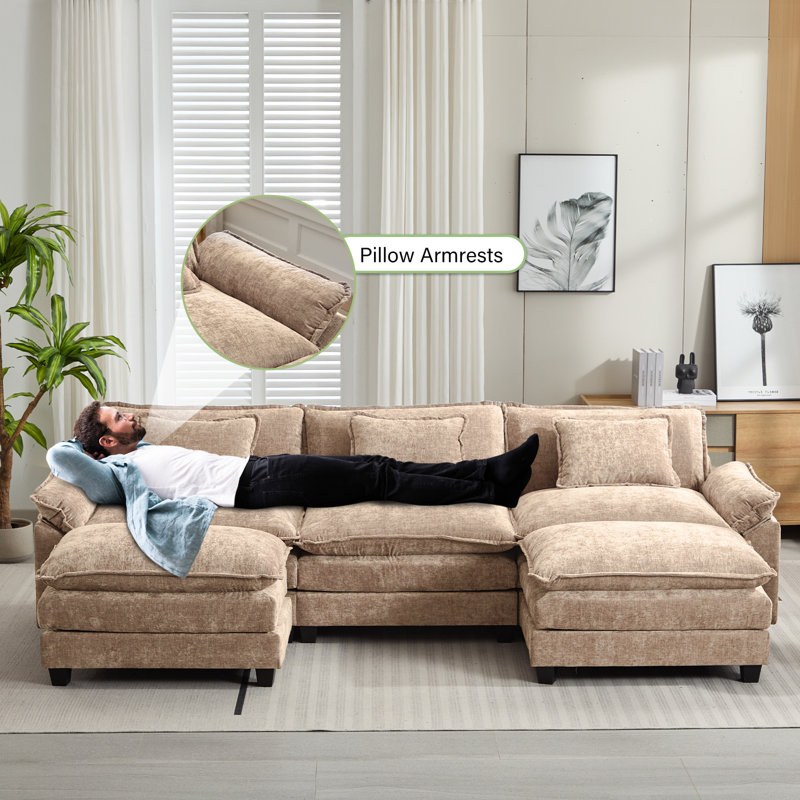 Praylow 120” Comfy Cloud Couch U Shaped Sectional Sofa With Two Ottomans, Khaki Chenille