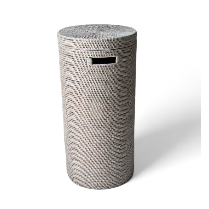 Tall Round Hamper With Cut Out Handle On The Side, White Wash, 28" H x 13.5" W x 13.5" D