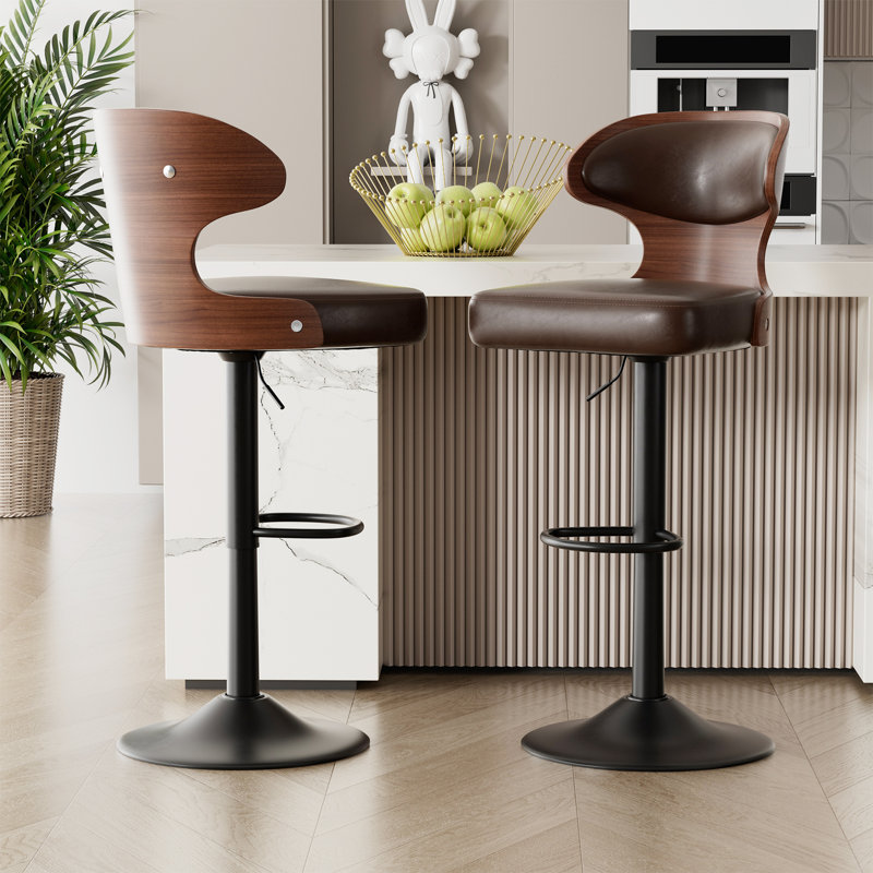 Bar Stools Set of 2 Seat Adjustable Height 62.2-85.1cm Bentwood Swivel Barstools with Back & Footrest - PU Leather Upholstered Bar Chair for Bar, Kitchen, Dining Room