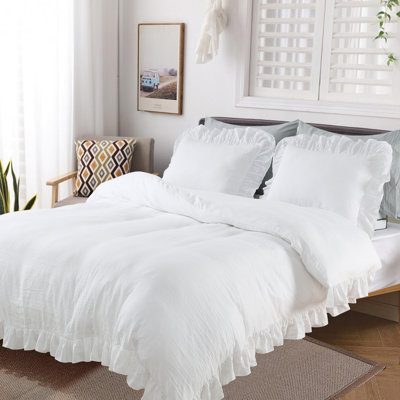 White Vintage French Country Ruffle Fringe Duvet Cover Set 3-Piece Soft Microfiber Farmhouse Bedding Breathable Durable (68x90 Inch)