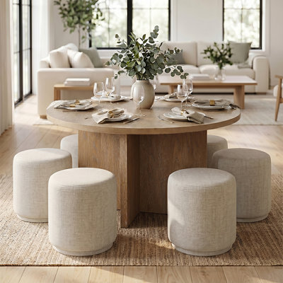  Round Dining Set with 6 Upholstered Stools