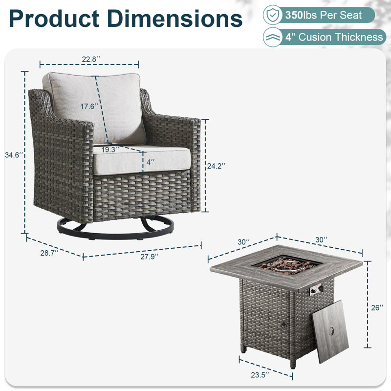 Arlene 5-Piece Outdoor Wicker Swivel Chair Conversation Set With Rectangular Fire Pit, Beige