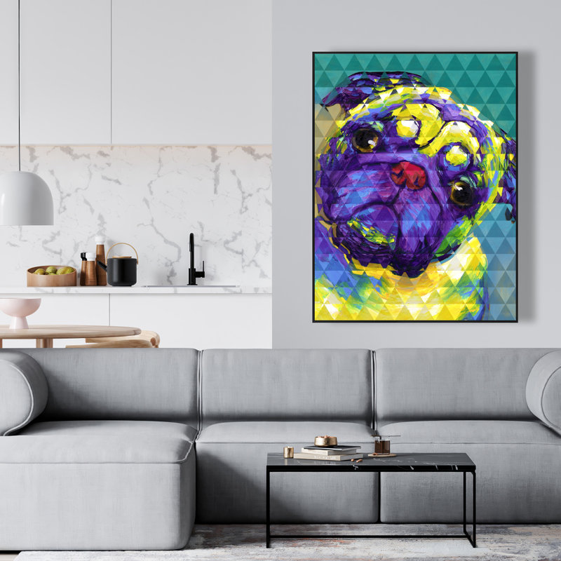 Geometric Curious Pug - Green Framed Canvas for Home Decor