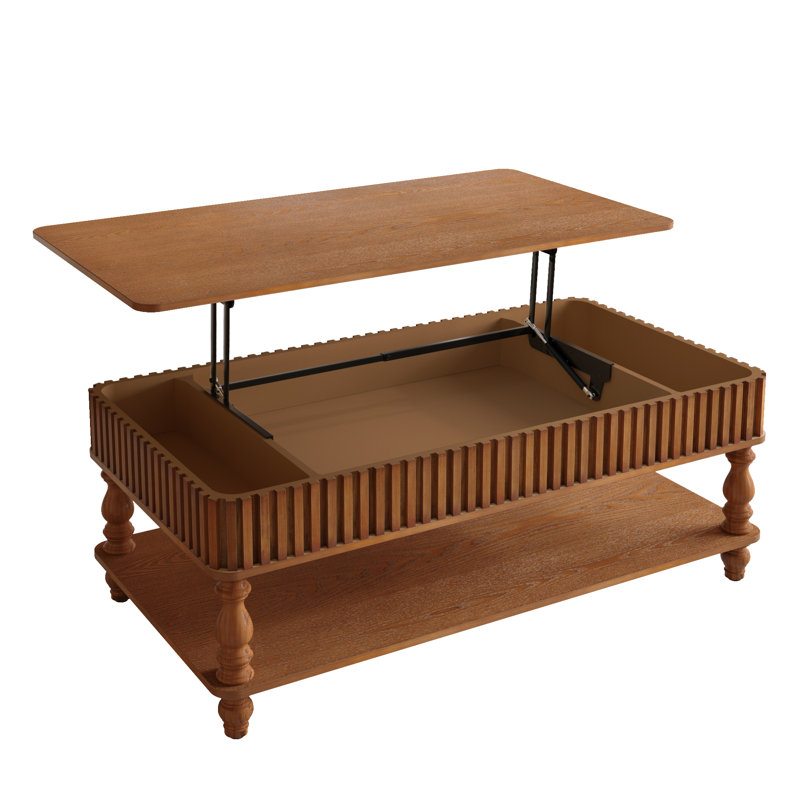Vintage Lift Top Coffee Table Solid Wood Fluted Details Roman Legs, Antique Brown