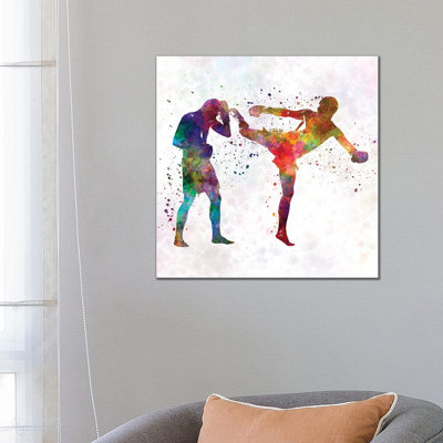 Two Men Exercising Thai Boxing Silhouette by Paul Rommer - Wrapped Canvas Painting