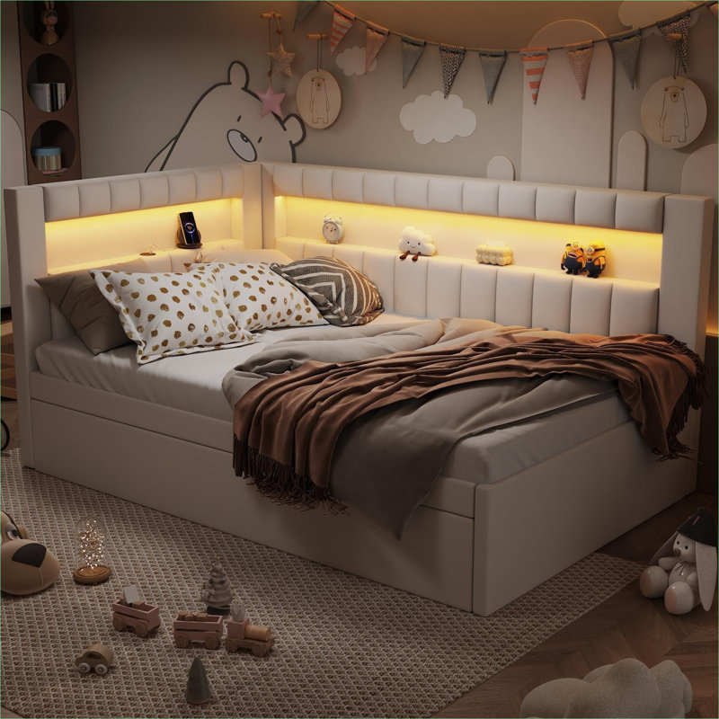 Lit plateforme simple tapissier simple avec éclairage à DEL, ports USB et lit gigogne supplémentaire, finition blanche