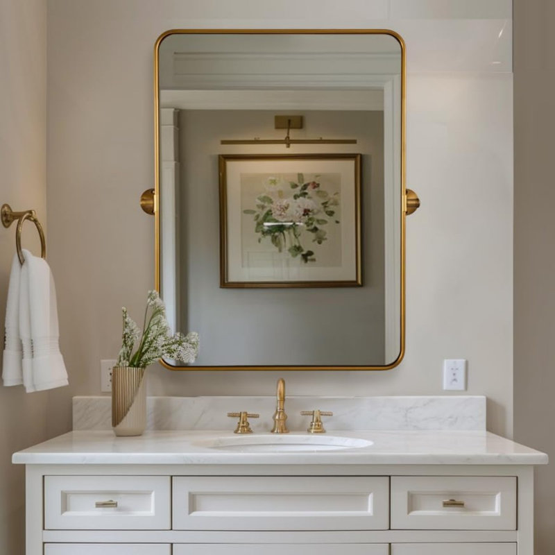 Miroir de salle de bain moderne inclinable, 36 po x 24 po, Or brossé