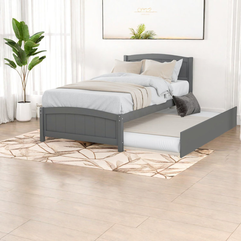 Lit en bois gris avec gigogne peu encombrant, design moderne pour la maison