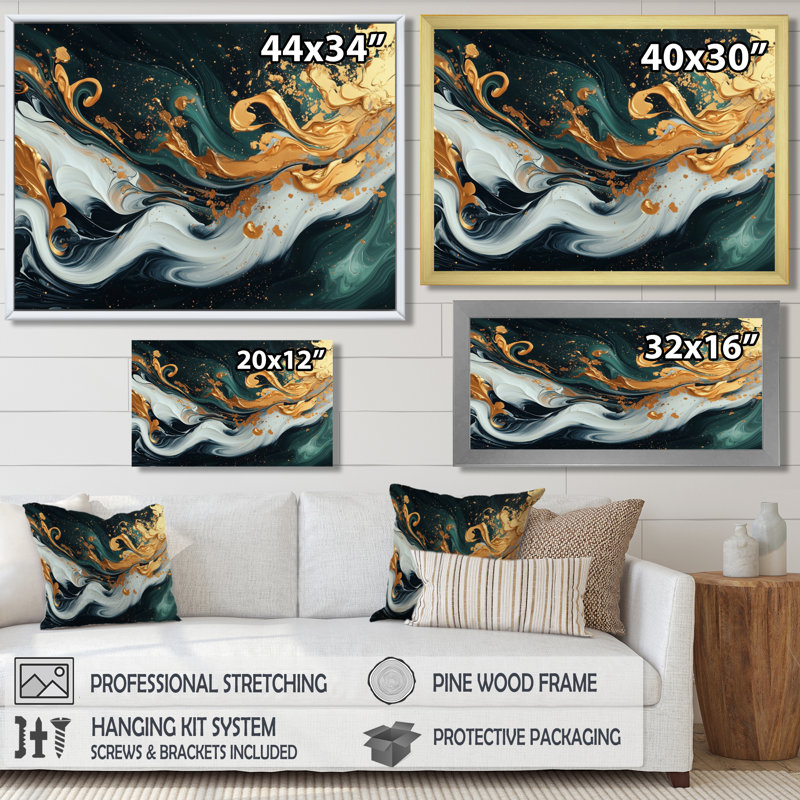 «Gold Green Temporal Fluidité III», art abstrait à l'encre liquide, H 34 po x l 44 po, Toile tendue, Ne s’applique pas