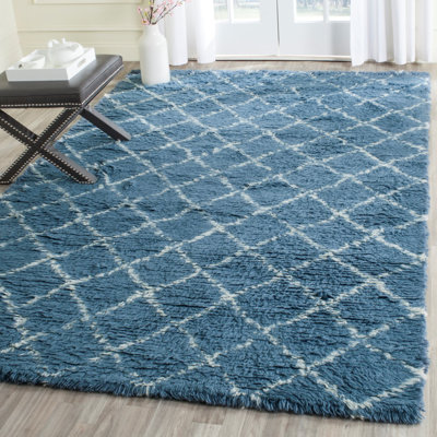 Tapis géométrique en laine / coton noué à la main Filips ivoire / bleu clair