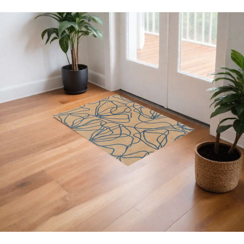 Tapis floral lavable beige et bleu 2 pi x 3 pi avec protection UV