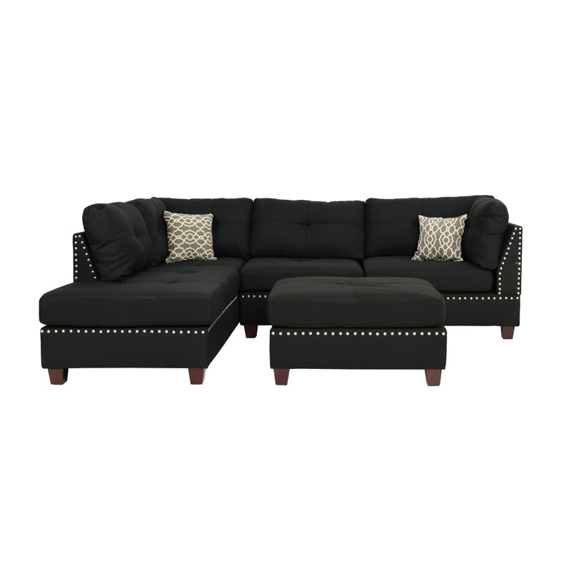 Canapé et méridienne réversible avec repose-pieds Ridwan, L 104 po x P 75 po, Lin noir