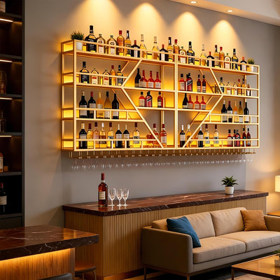 Large Wall Mounted Wine Rack with Wine Glass Holder,4 Tier Modern Diamond Shaped Floating Bar Wine Storage Display Shelves, Metal Industrial Liquor Bottles Shelves