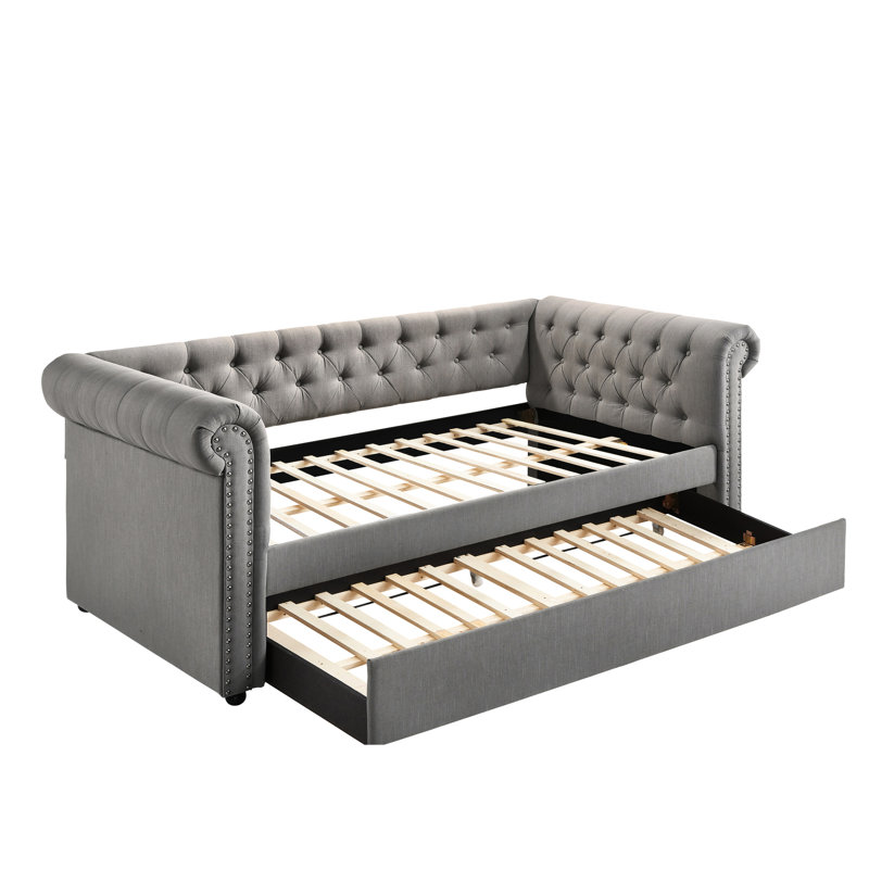 Lit de jour simple élégant avec siège et couchette gigogne intégrée, Gris
