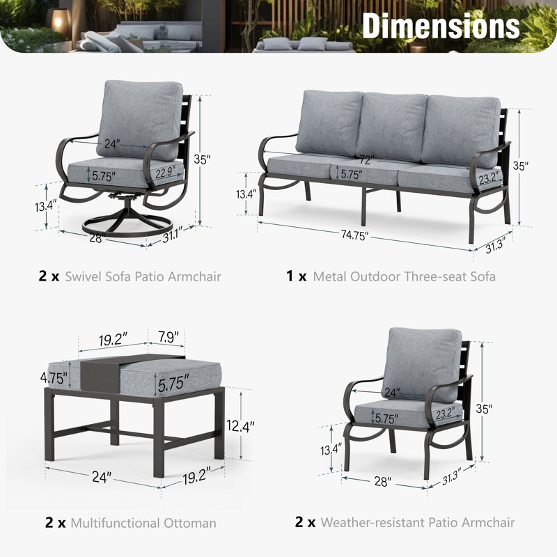 Ensemble de conversation pour patio à 9 places Tapasi avec chaises longues pivotantes et table de foyer optionnelle, Gris