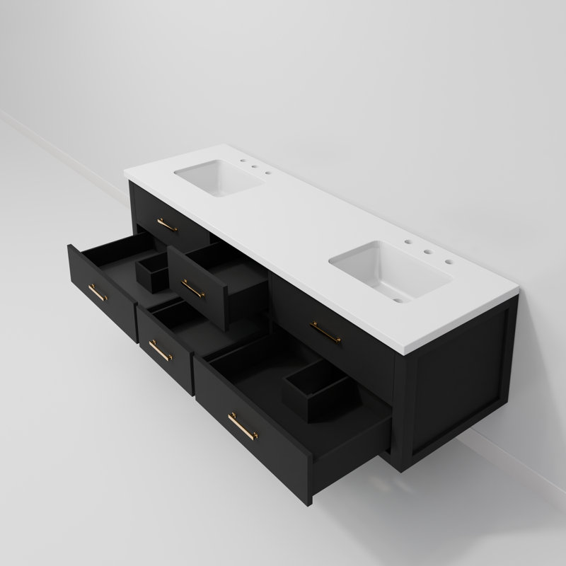Castor 72" Wall Mounted Double Bathroom Vanity Set, White Quartz, Black
