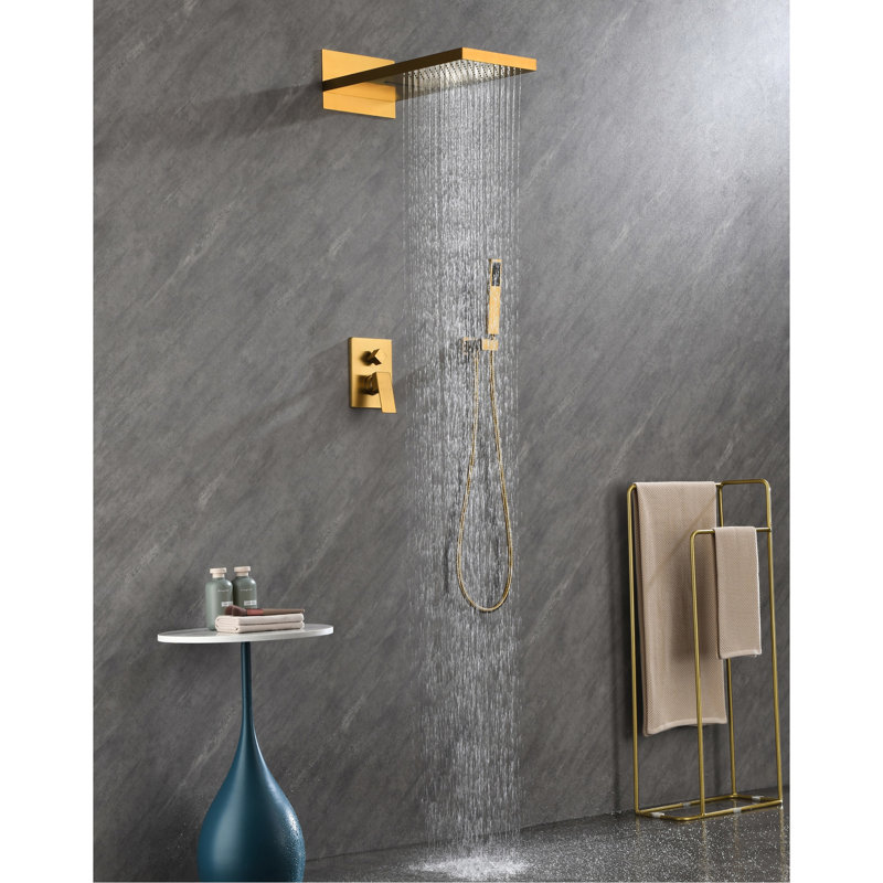 Robinet de douche mural à tête rectangulaire haute et à main - laiton doré 3