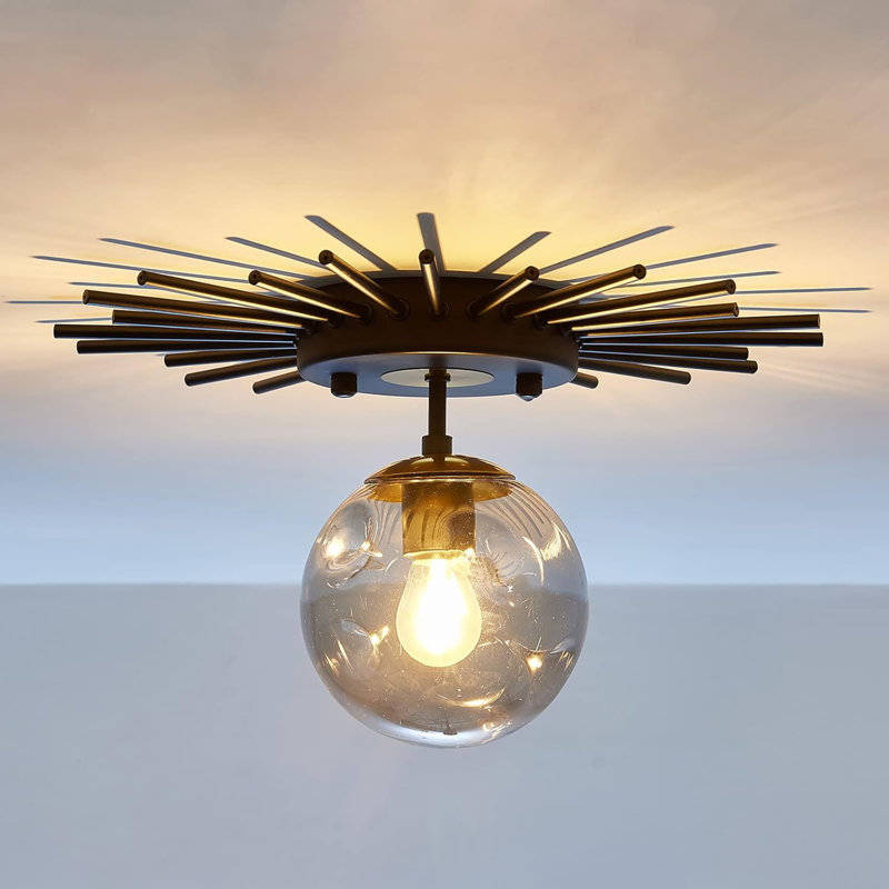 Small Black Flush Mount Ceiling Light With Glass Globe Sputnik Starburst Chandelier 1-Light Close To Ceiling Light Fixture For Hallway Dining Room Bedroom Kitchen Foyer Closet Bathroom
