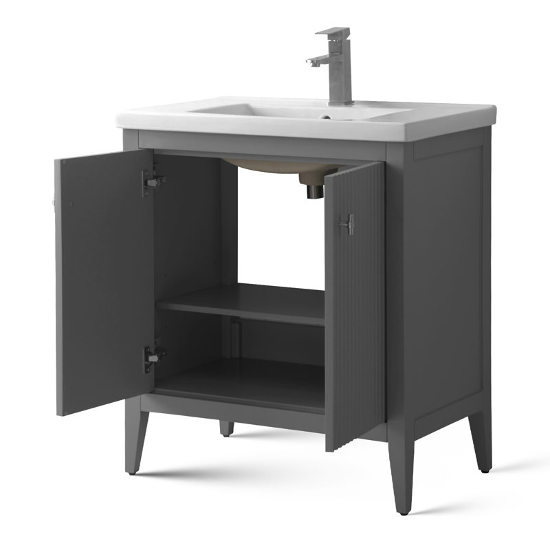 Meuble-lavabo simple pour la salle de bain avec plateau en céramique, Nickel brossé, Gris cachemire linéaire, 30"