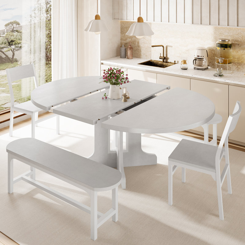 Einhomn 5-piece Round Dining Table Set For 4-6,59" Extendable Kitchen Table With 2 Ergonomic Chairs & 2 Benches,oval Modern Dining Room Table With Mdf Board For Small Space,easy Clean,white