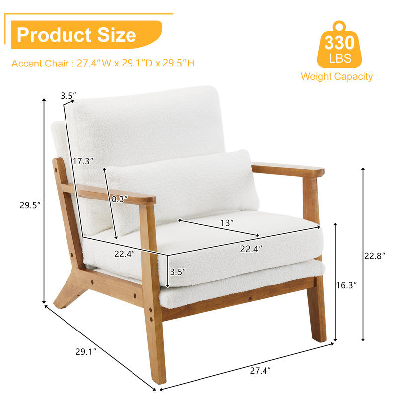 Lemley Upholstered Accent Chair With Wooden Legs And One Pillow, White Velvet