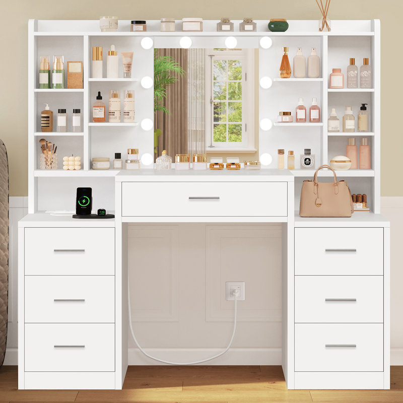 Makeup Vanity with Led Mirror, Vanity Desk With 7 Drawers and 8 Storage Shelves, For Bedroom