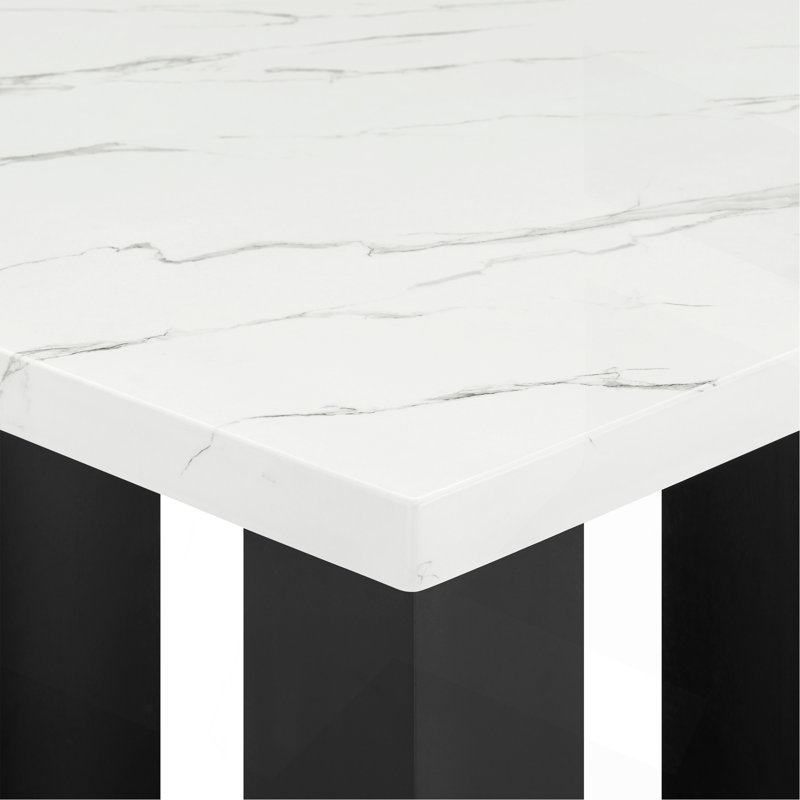 1Pc Contemporary Transitional Counter-Height Square Dining Table Faux Marble Top Black White Wooden Stone