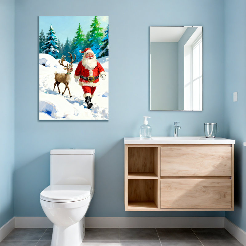 Noël, père Noël et renne dans la forêt enneigée, H 48 po x l 32 po