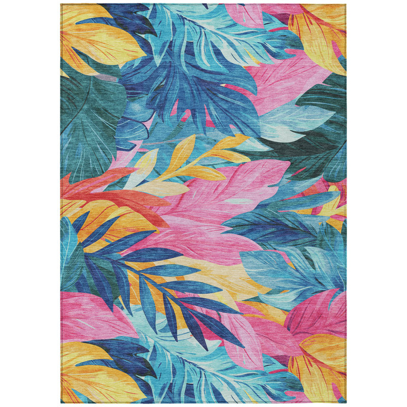 3' X 5' Sky Blue And Pink Floral Washable Indoor Outdoor Area Rug