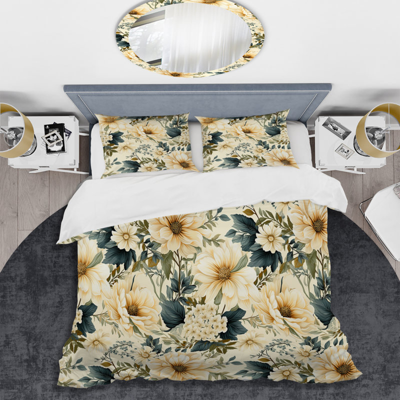 Ensemble de housse de couette floral beige et bleu avec pivoines antiques I
