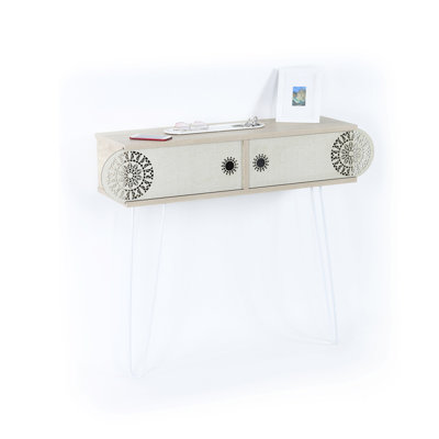 Console à deux niveaux avec pattes en métal, en chêne massif, profondeur 104 cm x largeur 84 cm x hauteur 28 cm. Dimensions des pieds : 107 cm (P) x 86 cm (L) x 28 cm (H).